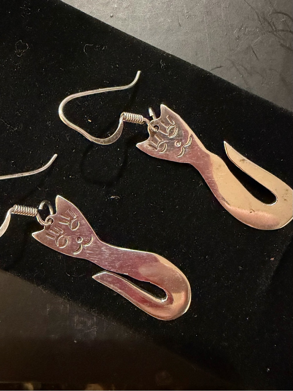 Sterling Silver Cat Drop Earrings - Playful Silver Women's Jewelry - Picture 11 of 11